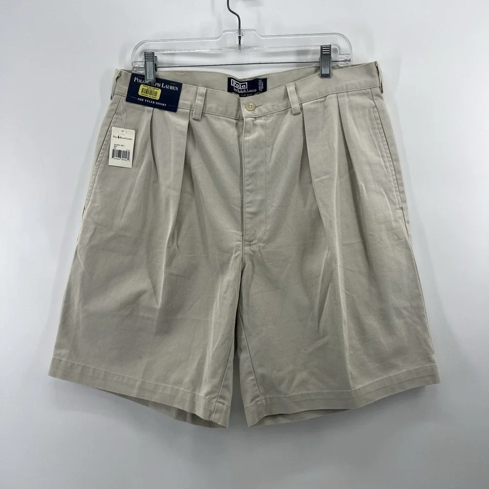 Vintage Polo Ralph Lauren Tyler Shorts Mens 35 Pleated Chino Twill 90s Khaki USA